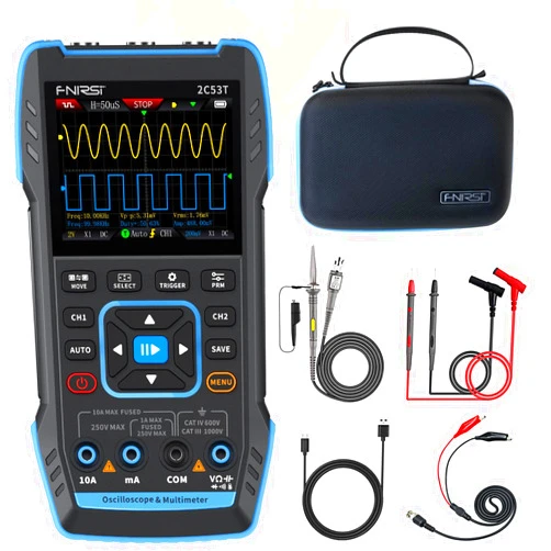 FNIRSI 2C53T Upgraded Handheld Oscilloscope, 50MHz Bandwidth, 250MS/s Sampling Rate, 20000 Counts, 3IN1 Digital Oscilloscope Multimeter DDS Generator, Voltage, Current, Capacitor, Resistor, Diode Test
