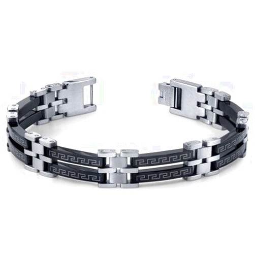 Oravo Urban Class Mens Black and Silver-Tone Stainless Steel Greek Key Bracelet