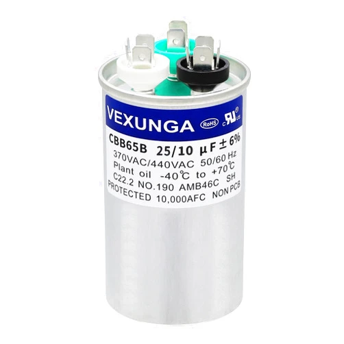 VEXUNGA 25/10 uF 25+10 MFD 370VAC or 440VAC Dual Run Start Round A/C Capacitor CBB65 Air Conditioner Capacitors for AC Unit Fan Motor Start or Heat Pump or Condenser Straight Cool