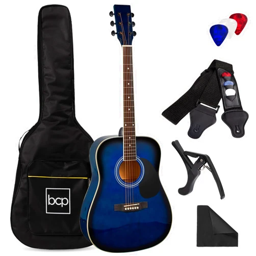 Best Choice Products 41in Full Size Beginner All Wood Acoustic Guitar Starter Set w/Case, Strap, Capo, Strings, Picks - Blue