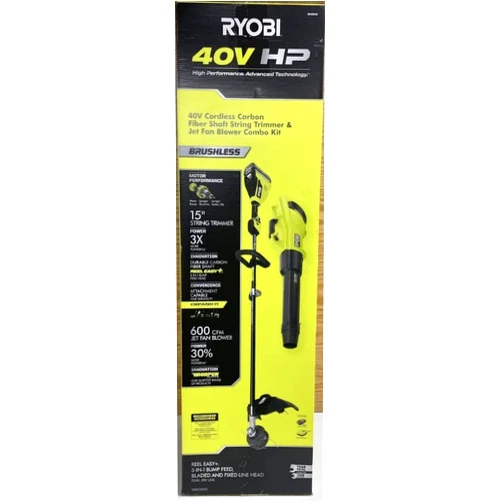RYOBI 40V HP Brushless 600 CFM 155 MPH Cordless Leaf Blower and Carbon Fiber String Trimmer with 4.0 Ah Battery and Charger