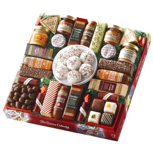 The Swiss Colony 27 Favorites Food Gift Set, Summer Sausage Meats and Cheeses, Assorted Chocolates, Candies, Petits Fours, Gift Basket, Cheese & Charcuterie Gifts, Cheese for Charcuterie Board, Holiday, Christmas, Thank You Gifts, Adults, Women, Men - Holiday Red Box