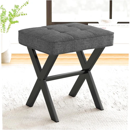 LUE BONA Vanity Stool, Square Linen Makeup Stool with Metal X Legs, Small Ottoman Stool Chair for Vanity, Modern Padded Vanity Seat Foot Rest Stool for Makeup Room, Living Room, Bathroom, Carbon Gray