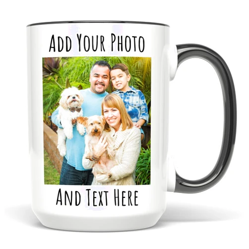 Giftbees Personalized Coffee Mug 15 Oz, Custom Picture Text or Logo Ceramic Mug, Customized Gift for Men & Women, Taza Personalizada with Photo and Words, Customizable Large Tea Cup | White - Black