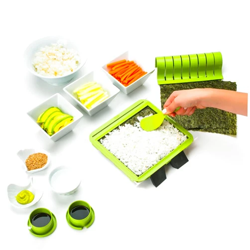 SushiQuik Sushi Making Kit with Rice Spreading Training Frame, Rice Paddle, Rolling Mat, Roll Cutter, Base, and Soy Sauce Caps - Sushi Kit for Beginners and Kids