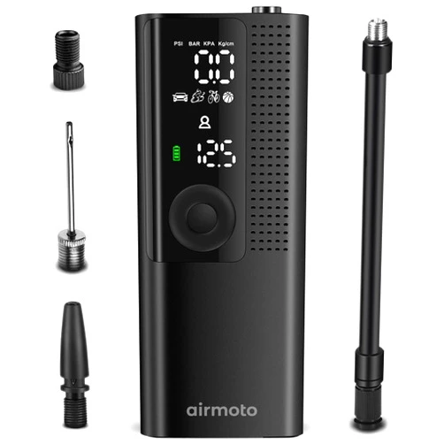 Airmoto Tire Inflator Portable Air Compressor - Air Pump for Car Tires with Tire Pressure Gauge (120 PSI) - One Click Smart Pump Tire Inflator for Car, Motorcycle, Bicycle and More