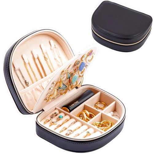 ProCase Travel Size Jewelry Box, Small Portable Seashell-Shaped Jewelry Case, 2 Layer Mini Jewelry Organizer in PU Leather for Women -Black