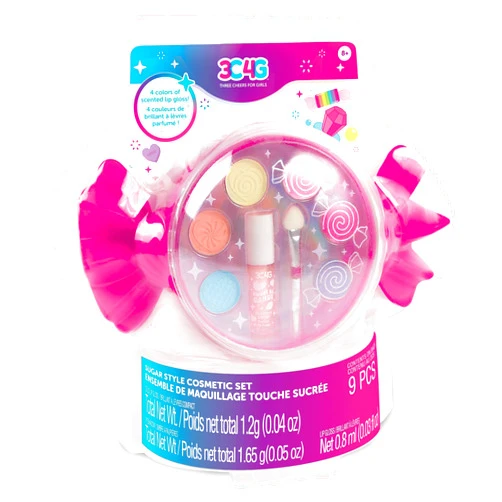 3C4G: Sugar Style Cosmetic Set - 9pcs, 4 Colors of Scented Lip Gloss & Eyeshadow Held in a Candy Shaped Container, Makeup Girls & Kids Ages 8+