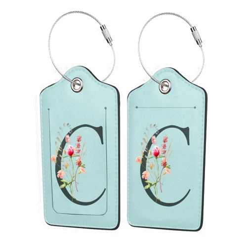 ANNCED 2 Pack Blue Luggage Tag for Suitcase, Black Letter C Boho Flowers Leaves Floral Pu Leather Suitcase Tag with Loop Loop & Privacy Cover Name Id Label for Bags Backpacks Women Men Baggage Identifiers