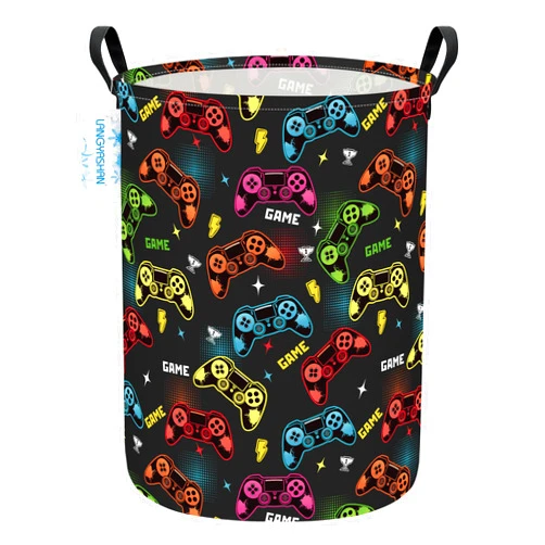 LANGYASHAN Laundry Basket Canvas Fabric Collapsible Organizer Basket for Storage Bin Toy Bins Gift Baskets Bedroom Clothes Children Nursery Hamper (Game)