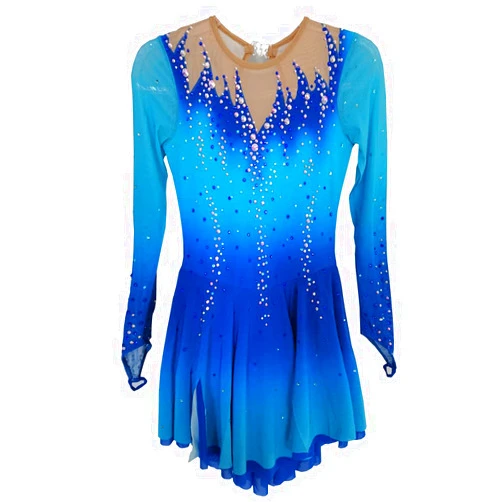LIUHUO Figure Skating Skirt Gradual Blue Long Sleeve Mesh Skirt Girl Competition Performance