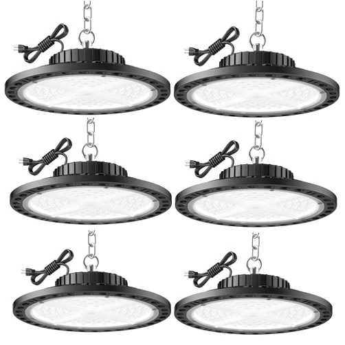 ISKYDRAW 100W UFO LED High Bay Light 15000LM with 6.56ft US Plug, 6 Pack High Bay LED Shop Lighting 6500K, 85-265V, IP65 Waterproof Commercial Bay Lighting for Garage Barn Warehouse Factory