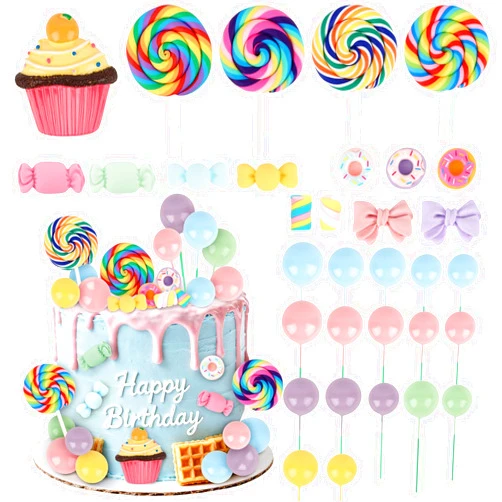 Hooqict 33Pcs Candy Cake Decorations with Lollipop Cupcake Donut Candy Cake Topper for Kids Girls Candyland Christmas Party Decorations Colorful Sweet Birthday Party Supplies