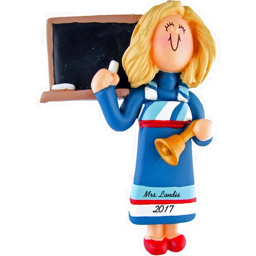 Calliope Designs Teacher Personalized Ornament - Female - Blonde Hair - Blue Dress - 4