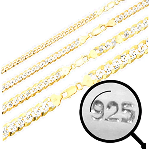 HarlemBling Men's Flat Cuban Chain - Two Tone Diamond Cut - 14k Gold Over Solid 925 Sterling Silver - Made In Italy - 5mm 6mm 8mm 10mm