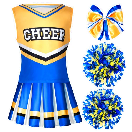 Spooktacular Creations Girl Blue Cheerleader Costume, Halloween Cute Cheer Uniform Outfit with Accessories for Halloween High School Cheerleader Dress Up Costume-M