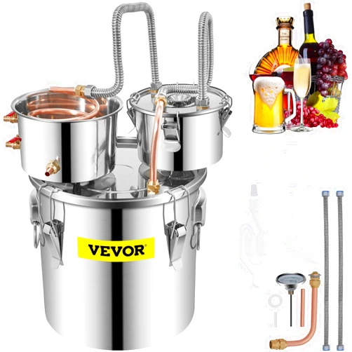 VEVOR Alcohol Still 5GAL/20L, Alcohol Distiller with Thumper Keg, Distillery Kit for Alcohol with Copper Tube & Build-in Thermometer & Water Pump
