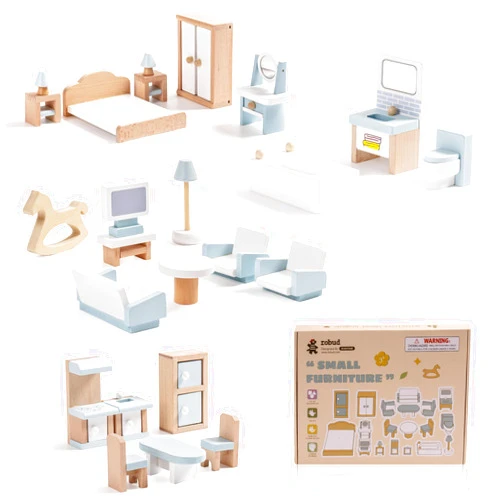 ROBUD Wooden Dollhouse Furniture Set, 23 Pcs Dollhouse Accessories, Miniature Furniture Including 5 Room Kits, Dollhouse Furniture Pretend Play Toys for Boys, Girls & Toddlers, 3+