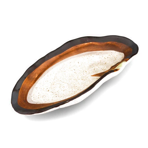 LINXUXIE Large Ceramic Spoon Rest for Stove Top, Oyster Shell-Shaped Stable Glaze Sauce Tray Fruits Dish Porcelain Utensil Spoon Holder for Kitchen Counter Dining Table Decor Easy Clean (Beige)