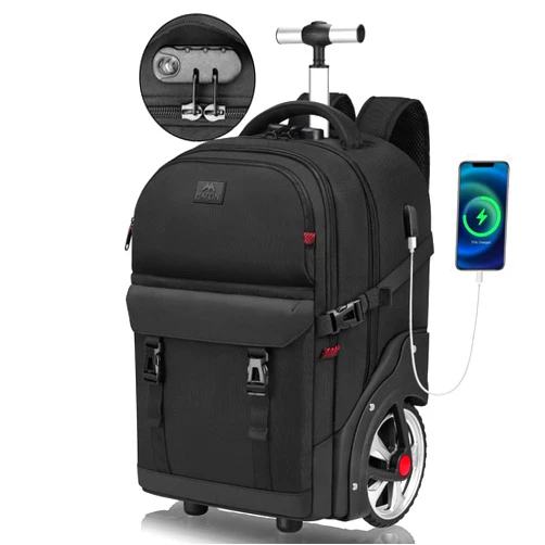 MATEIN Rolling Backpack for Adults with Wheels, 17 Inch Large Wheeled Backpack with USB Charging Port & Combination Lock, Water Resistant Anti Theft Travel Laptop Backpack for Men Work Business, Black