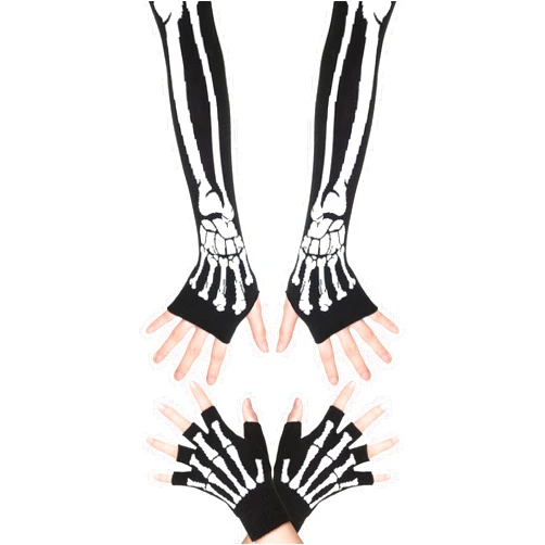 Zhanmai 2 Pairs Halloween Skeleton Gloves Elastic Knitted Fingerless Hand Warmer Unisex Warm Half Finger Gloves for Men and Women
