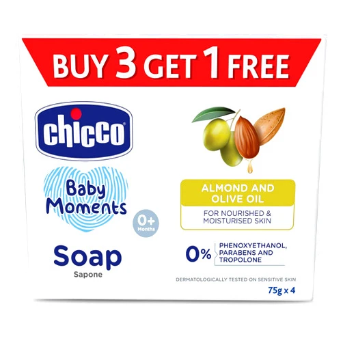 BEAUTY BRATS Chicco Baby Moments Bathing Soap for Babies, 75g, 4 Pack, Almond & Olive Oil, Nourished Skin