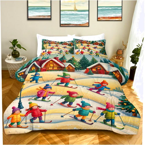 BEDMUST Milano Cortina 2026 Olympic Comforter Set: 100% Microfiber Winter Games Snow Skiing Queen Bedding Set- Happy Kids Sports Snow Themed Comforter with 2 Pillowcases