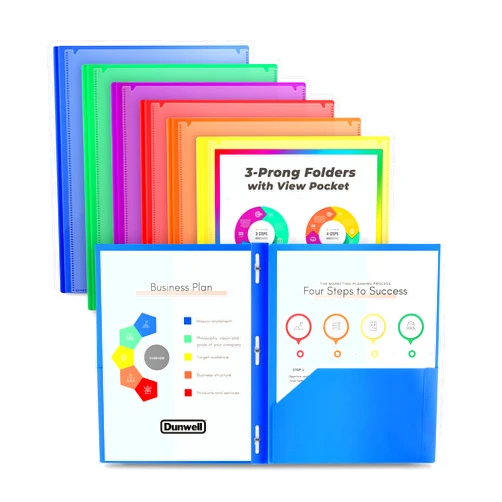Dunwell 2-Pocket 3-Prong Folders with Clear Front View Pocket, 6 Vibrant Colors, Durable Acid-Free Poly Plastic, 3-Hole Binders with Brads and Pockets, Include Labels