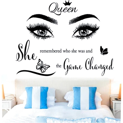 CASADECOR Inspirational Wall Sticker Pretty Eyelashes Eyes Wall Decals Motivational Word Letter Decal Wall Art Quote She Remembered Who She Was and The Game Changed Wall Stickers for Women Girls Bedroom Living