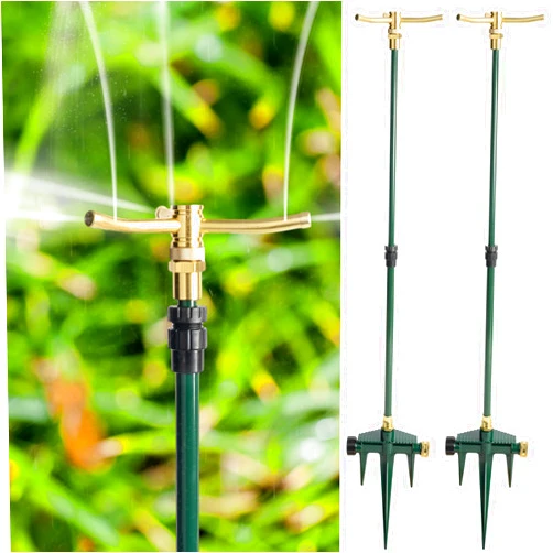 Hourleey 2 Pack Brass Sprinklers for Yard, 3-Arm Rotating Telescoping Sprinkler with Spike, 360 Degree Rotation Garden Lawn Water Sprinkler up to 40 Inches for Large Area