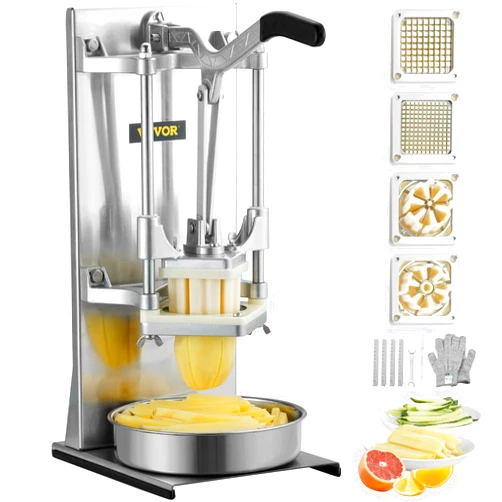 VEVOR Commercial French Fry Cutter with 4 Replacement Blades, 1/4″ and 3/8″ Blade Easy Dicer Chopper, 6-wedge Slicer and 6-wedge Apple Corer, Lemon Potato Cutter for French Fries with Extended Handle