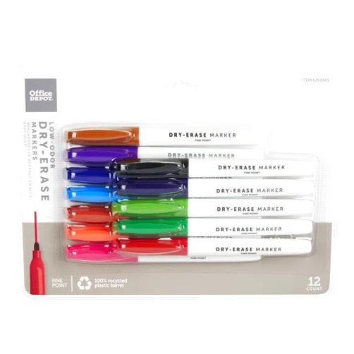 Office Depot® Brand Low-Odor Pen-Style Dry-Erase Markers, Fine Point, 100% Recycled Plastic Barrel, Assorted Colors, Pack Of 12