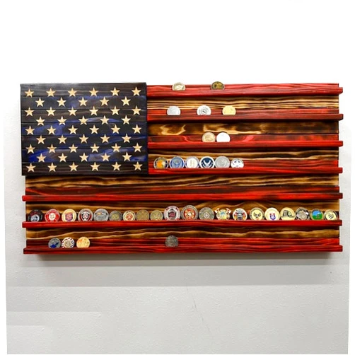 AJILOWSX Challenge Coin Display holder Wooden Handmade American Flag Stand Coin Racks Desktop Commemorative Coin Collection Display Shelf Patriotic Crafts Military Coin Rack Wall Hanging Decor Gift (Log Color)