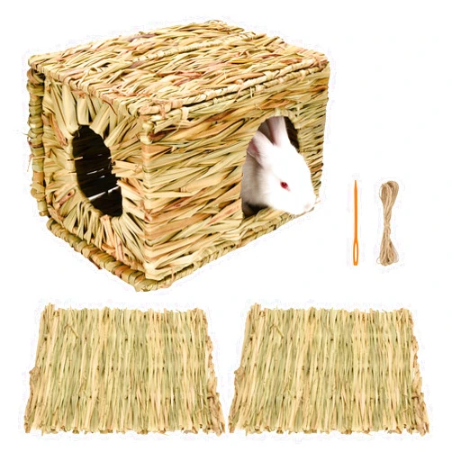 S SANGLE SOPFFY Grass House for Rabbits (1pc) and Grass mat for Rabbit Bunny(2pcs) Sangle Sopffy, Hand Woven Straw Hut, Small Animal Cages Hay Mat for Guinea Pig Parrot Rabbit Bunny Hamster Chinchilla Squirrel…