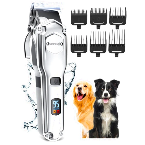 oneisall Dog Clippers for Grooming for Thick Heavy Coats/Low Noise Rechargeable Cordless Pet Shaver with Stainless Steel Blade/Waterproof Dog Shaver for Dogs Pets and Animals (Sliver)