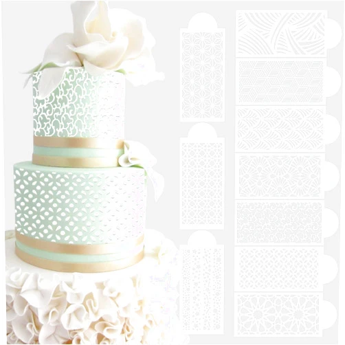 Ncozwo 10 Pcs Cake Stencils Cake Templates Set Floral Wedding Icing Stencils Geometry Plant Lace Cake Molds Cookie Fondant Dessert Buttercream Decorating Baking Supplies Mesh Printing for Cake Decoration