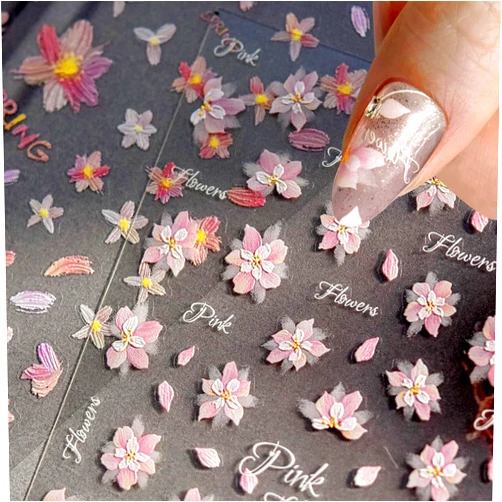 Dornail 2Sheets Pink Sakura Flower Nail Stickers For Nail Art,5D Embossed Cherry Blossom Nail Design Nail Art Stickers Spring Summer Floral Nail Decals For Nail Art Relief Petals Nail Sticker Nail Accessories