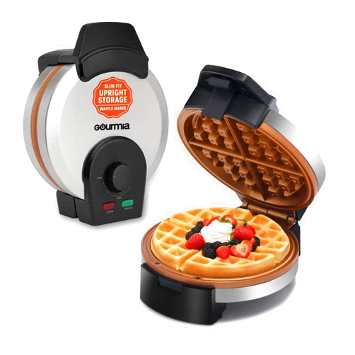 Gourmia Belgian Waffle Maker – Compact Design with Upright Storage, Adjustable Browning, and Easy-Clean Nonstick Ceramic Plates, Stainless Steel