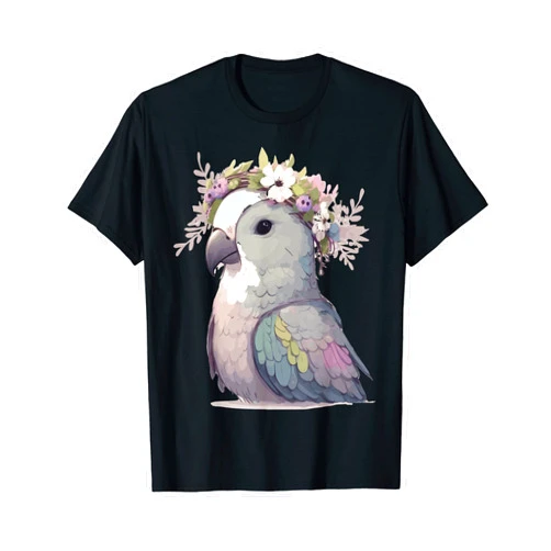 More Cute Bird Lover & Spring Flower Designs Cute Monk Parakeet Quaker Parrot Bird Flower Crown Pet Birds T-Shirt