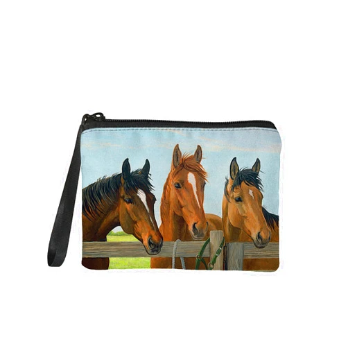 Freewander Brown Horse Print Small Cosmetic Handbag Women Portable Clutch Purse with Wrist Strap Cell Phone Earphone Organizer Multifunction