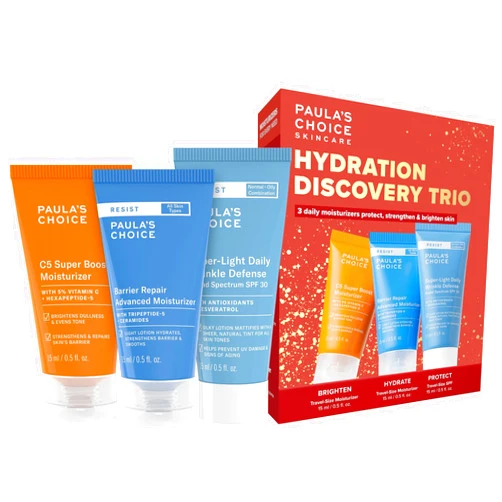 Paula’s Choice Hydration Trio Travel Essentials Mini Kit, Includes C5 5% Vitamin C Moisturizer, RESIST Barrier Repair Lotion and RESIST Wrinkle Defense Matte Tinted Moisturizer SPF 30, Set of 3