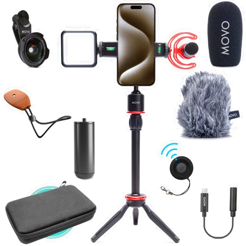 Movo iVlog1-IP Vlogging Kit for iPhone 15 and up - USB-C Compatible YouTube Starter Kit - with Shotgun Microphone, Mini Tripod, LED Light, Wide-Angle Lens, USB C Adapter, VXR10-PRO