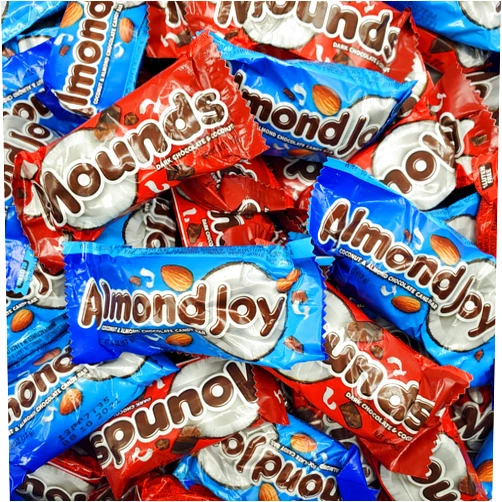 Sweetsome Almond Joy and Mounds Fun Size Candy Assortment - Coconut and Almonds Chocolate Bars - Individually Wrapped Candy - 2 Pounds