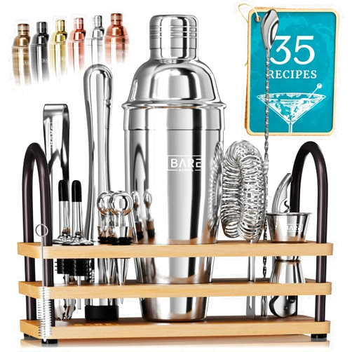 BARE BARREL® Mixology Bartender Kit Bar Set | 14-Piece Cocktail Shaker Set | Martini Barware Mixing Tools for Home Bartending | 35 Recipe Cards | Gift Set (24oz Cobbler Shaker, Silver/Natural)