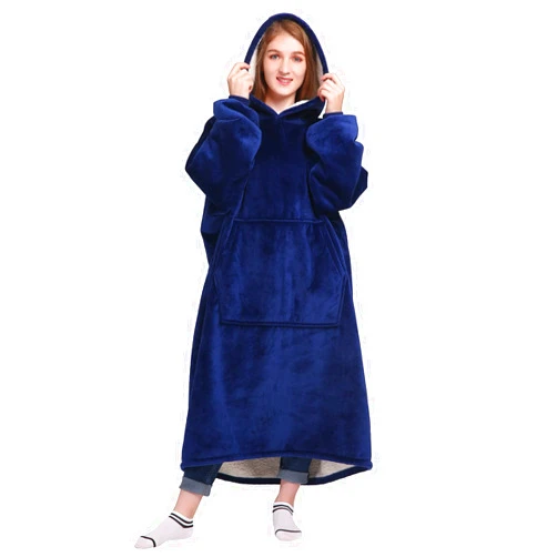 Waitu Oversized Wearable Blanket Sweatshirt Gifts for Women and Men, Soft Sherpa Blanket Hoodie with Sleeves and Pocket, Warm Body Blanket Robe - Navy