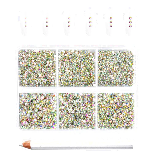 Beadsland Flatback AB Crystal Rhinestones Nail Gems, Round Rhinestones for Crafts,Mixed 6 Sizes with Wax Pencil Kit, SS3-SS10, 7200pcs