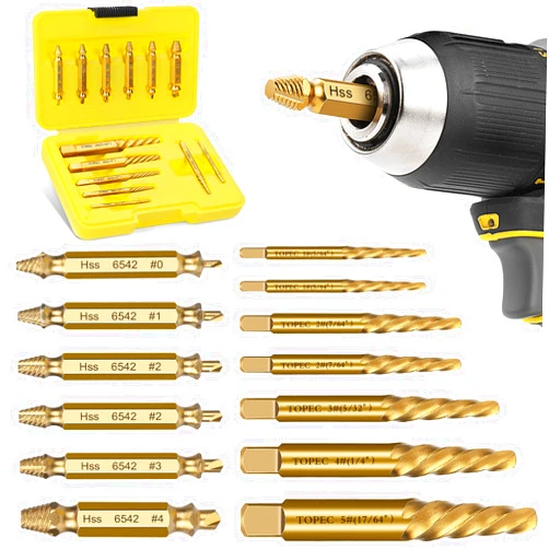 Topec Damaged Screw Extractor Set 13Pcs, Spiral Screw Extractor for Stripped Screws Nuts & Bolts, Golden Easy Out Bolt Extractor Set Drill Bit Tools for Easy Removal of Rusty Broken Hardware