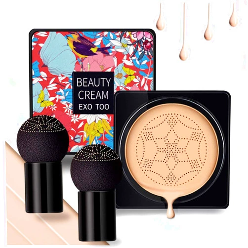 NUIBO Air Cushion CC Cream Mushroom Head, Moisturizing Concealer Makeup Base, Primer Liquid Foundation Long Lasting with Two Mushroom Makeup Sponges 【Natural】【Screw lid】