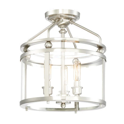 Quoizel Norfolk Semi-Flush Mount Ceiling Light Fixture, 11.875 inch 3-Light Brushed Nickel Hanging Light for Hallway, Kitchen, Bedroom, Dining, Living Room, or Office