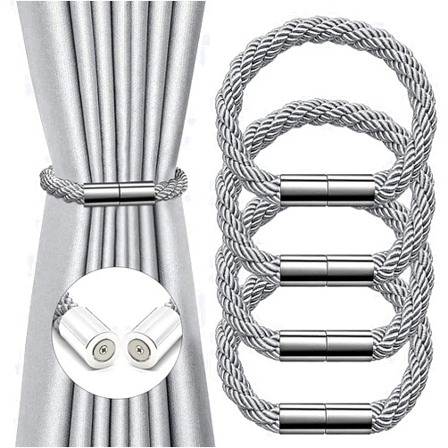 UNIKAttic 4 Pack Magnetic Curtain Tiebacks Convenient Drape Tie Backs Weave Holder for Window Draperies Hold Curtains Drape Ties Backs 16 inch Holdback (Sliver Gray)